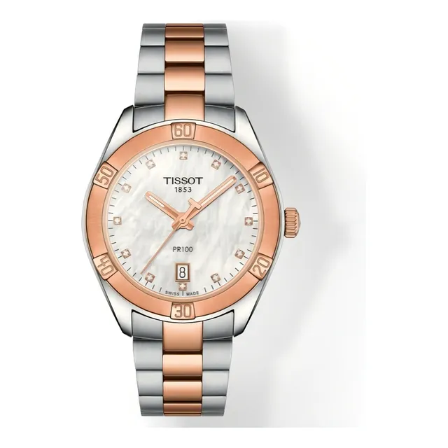Reloj Tissot Mujer Pr 100 Sport Chic T1019102211600 Malla Plateado Y Rose Bisel Rosé Fondo Anacarado