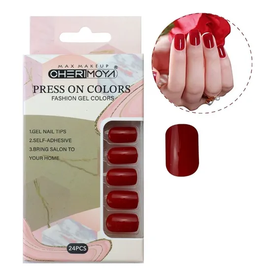 Press on Nails Oval Cortas Kit Uñas Postizas con Adhesivo Color Rojo Intenso x24 Pcs Cherimoya BH001207