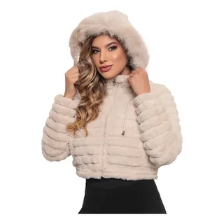 Jaqueta Puffer Pelúciada Feminina Teddy Capuz Pelúcia Frio