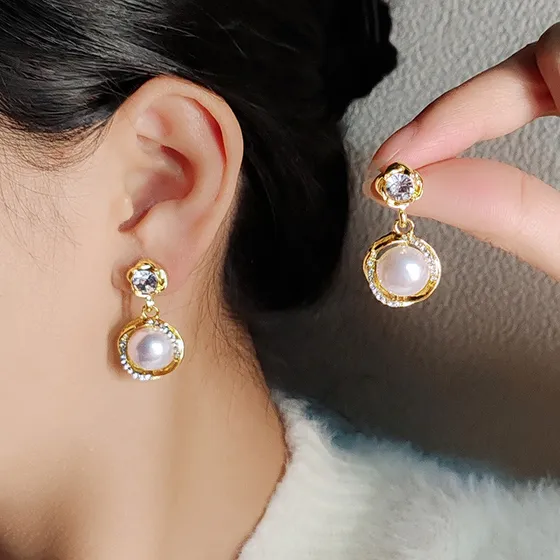 Aretes De Perlas De Agua Dulce De chapado en oro de 18 quilates Para Mujer Caretes Swarovski Abigale