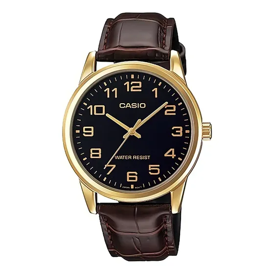 Reloj pulsera Casio Mtp-v001l-1budf con correa de cuero color marrón - fondo negro - bisel dorado | Cuotas sin interés