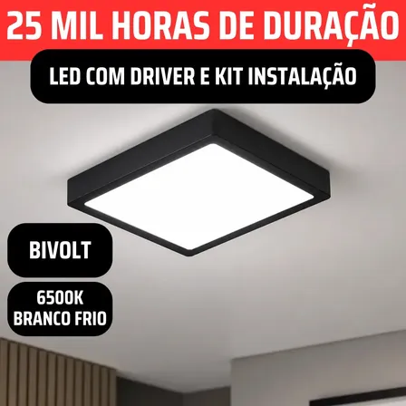 Plafon Led Quadrado Sobrepor Estrutura Preta Bivolt 110v/220v Painel Luminária Com Driver 18w Slim 20x20 Teto Quarto Sala Cozinha Corredor Escritório Forro Gesso Pvc Madeira 6500K Vmd Homecenter