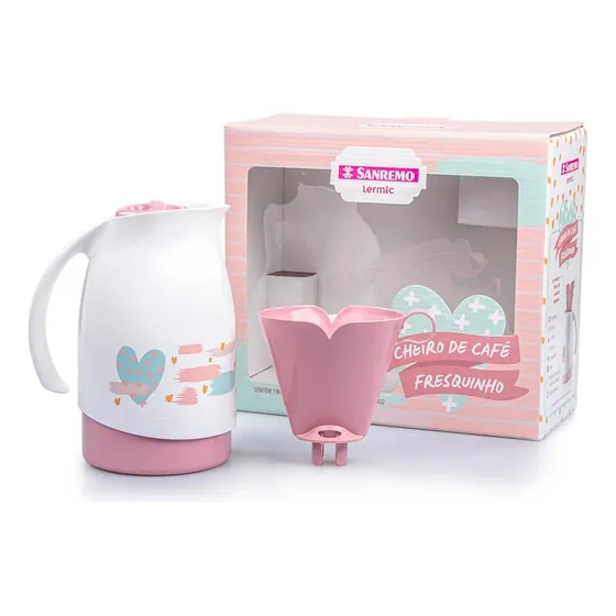 Garrafa Térmica Bule 700ml + Suporte Filtro De Café 102 Branca Cor Branco e Rosa Cheirinho de Café Fresquinho
