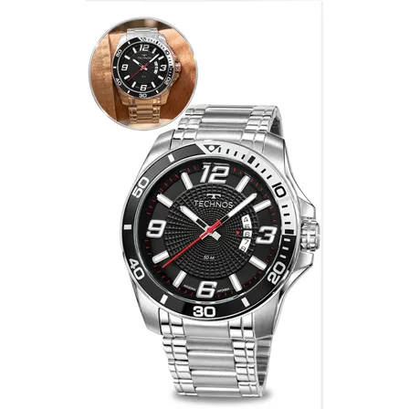 Relógio Technos Masculino Analógico Prata Aço Inox Original Prateado Preto