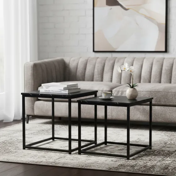 Juego de 2 mesas auxiliares cuadradas Jazak JZK4050 40x40x50 cm negro estructura metálica y tapa melamina mármol grafito