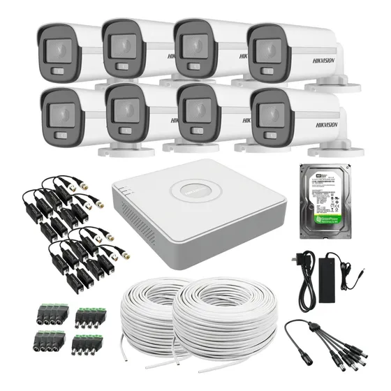 Kit Dvr 8 Camaras Hikvision Colorvu Color De Noche + Cables