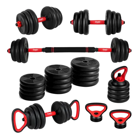 Kit 6 Em 1 Combo Red Dumbbell 20kg-halteres Barra Kettlebell Preto