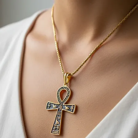 COLLAR CRUZ DE ANKH -DORADO CADENA ACERO INOX 60 CMS