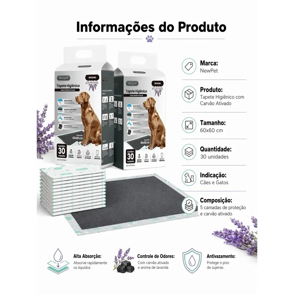 Newpet Tapete Higiênico com Carvão Ativado e Lavanda 60x60cm 60un Neutraliza Odores Anti Vazamento...