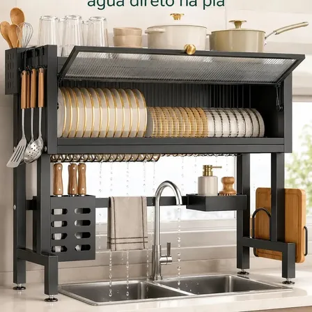 Escorredor De Louças Pratos 65cm Talheres Copos Tigelas Organizador De Pia Cozinha Rack Suspenso 2 Níveis Armário Grande Multifuncional Brielli Home