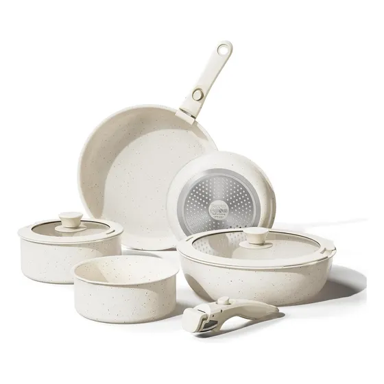 Batería De Cocina Antiadherente Granito 9 Piezas Color Crema Mangos 2 Removibles Juego De Sartenes Antiadherentes Wakeshome