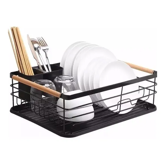 Escurridor Seca Platos Vajilla De Metal Asa De Madera Cocina Color Negro