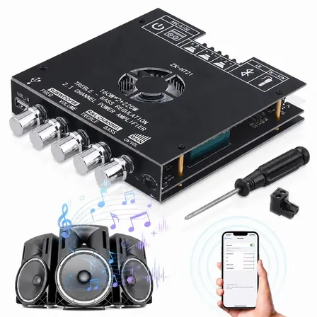 Placa Amplificadora Bluetooth Módulo Amplificador Estéreo ZK-HT21 2.1 Canais 160W x2 + 220W Subwoofer USB AUX 15-36V DIY Alto-Falantes