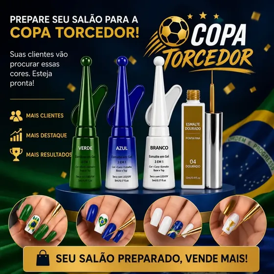 Kit 3 Esmaltes Em Gel Azul Verde Amarelo Brasil Copa Unhas Verde/amarelo/azul