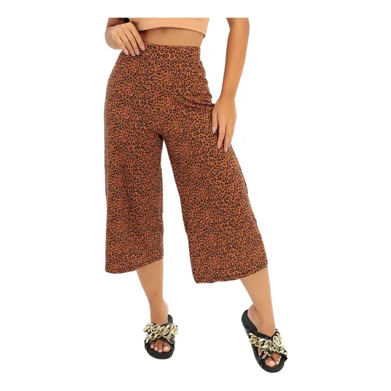 Calça Feminina Pantacourt Estampada Cintura Alta Boca Larga