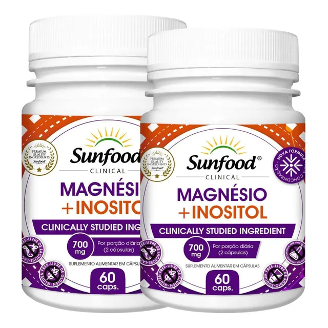 120 Caps Magnesio + Inositol 700mg Sunfood 2 Potes 60caps