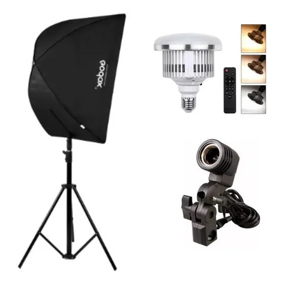 Kit Softbox Godox 60cm C/ Grid + Tripé + Suporte + Lâmpada 127/220v