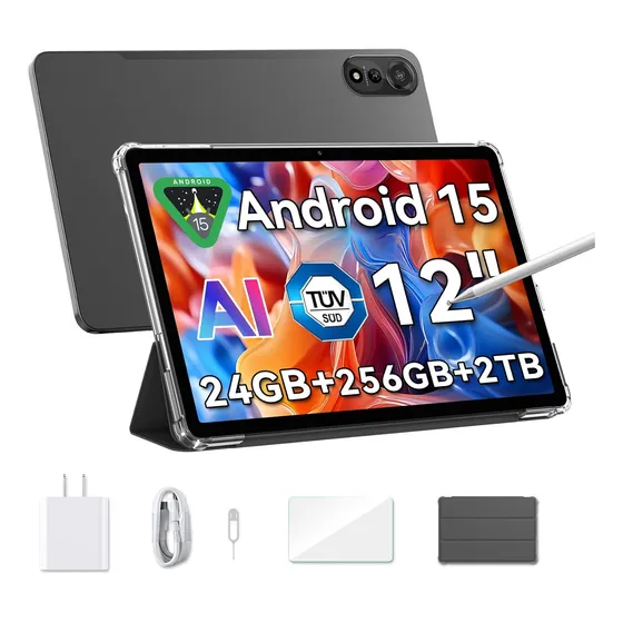 Tablet Android 15, 12'' 24gb (8+16) Ram + 256gb Rom, Gris