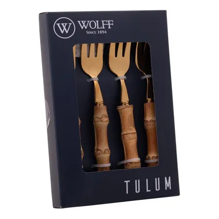 4 Garfos De Bolo Wolff Bambu Tulum De Aço Inox Dourado 16cm
