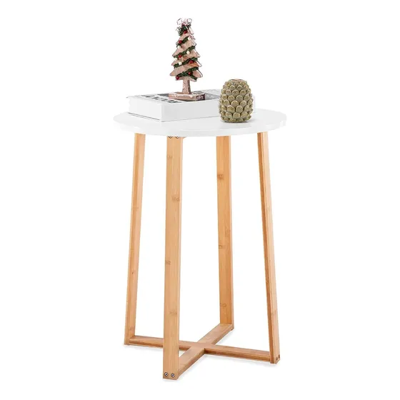 Mesa Redonda Auxiliar Bamboo Madera 40x40x60 Cm Color Blanco