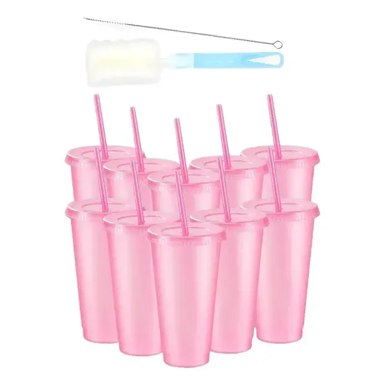 Paquete 10 Vasos Plastico 710ml Con Tapa Popote Reutilizable