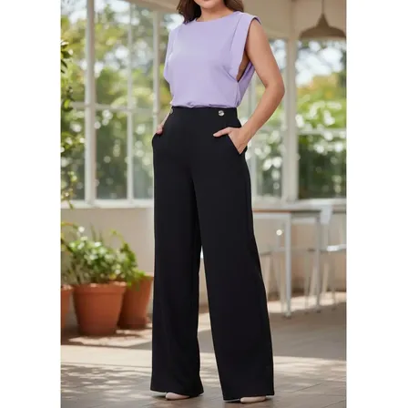 Calça Pantalona Alfaiataria Feminina Cintura Alta Elegante