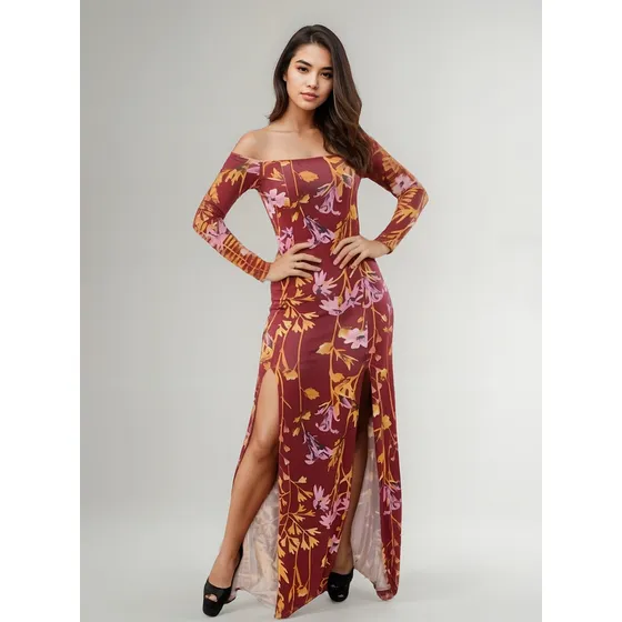 Vestido Viscolycra Comprido Estampa Fenda Confortável