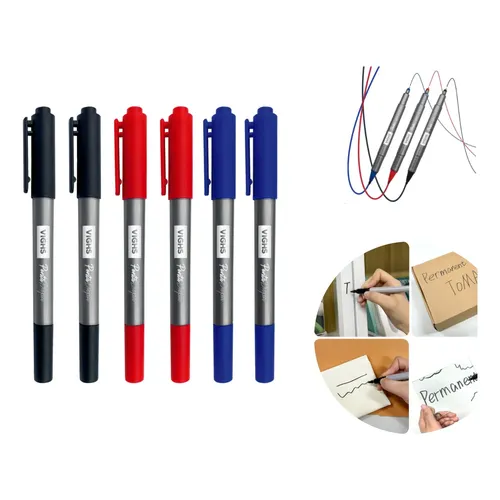 6 Caneta Marcador Permanente Ponta Dupla Preta Azul Retropro