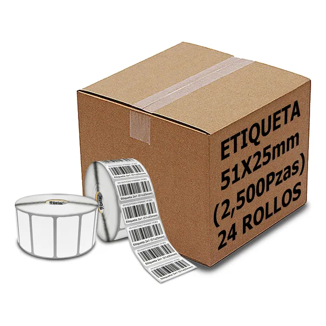 24 Rollos Etiqueta Térmica 2x1 (51x25 Mm) Full 2,500 Pzs C/u Color Blanco
