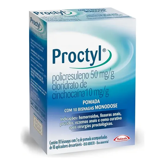 Proctyl 50mg/g + 10mg/g Caixa Com 10 Bisnagas Monodose 3g