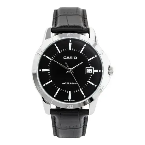 Reloj Casio Enticer MTP-V004 Plata Analógico Hombre Fondo Negro Correa Cuero Negro | Cuotas sin interés