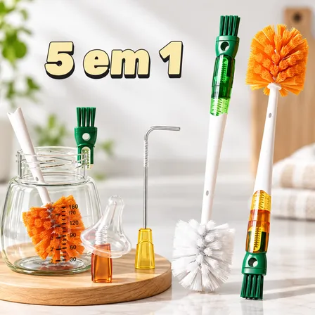Kit Escova De Limpeza 5 Em 1 Garrafa Copo Canudo Mamadeira Laranja