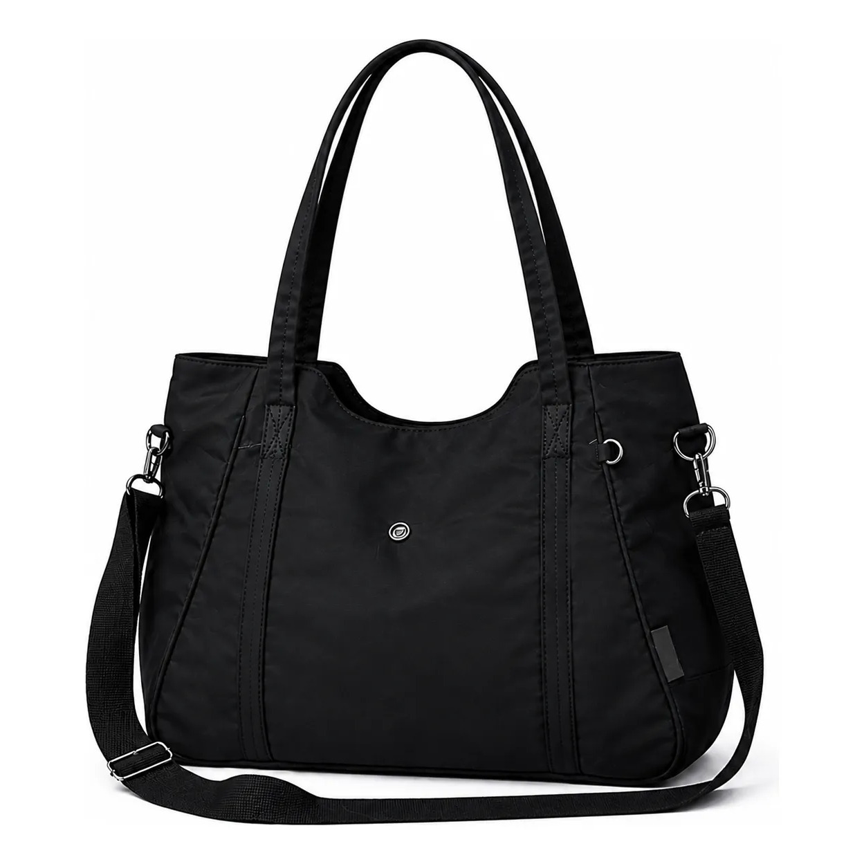 Bolsa tote feminina na cor preta com alças de ombro, alça transversal ajustável e detalhe metálico central