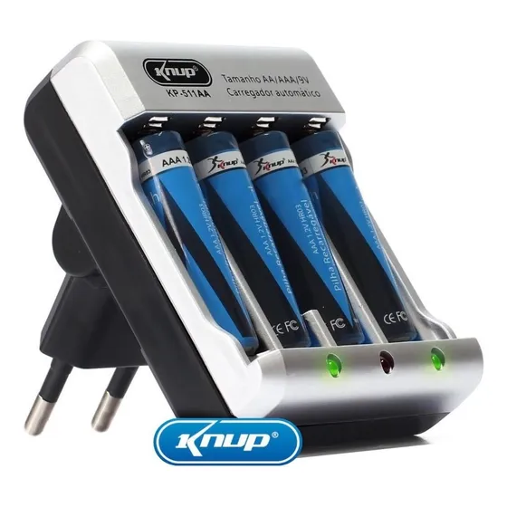 Carregador De Pilhas Recarregável + 4 Pilhas Aaa Bivolt Knup