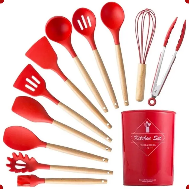 Kit 12 UtensĂlios De Cozinha Em Silicone E Cabo De Madeira Kit 12 UtensĂlios De Cozinha Em Silicone E Cabo De Madeira