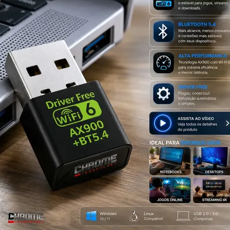 Adaptador Usb Wifi 6 Bluetooth 5.4 Alta Velocidade Placa Wi-fi Blueetoth Adaptador Wi-fi Pc Placa Wifi Pc notebook etc Adaptado Wireless Sem Fio Receptor Internet Marca Chrome Technology