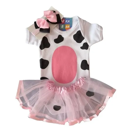 Body Mesversário Fantasia Vaquinha Com Saia Tule + Laço