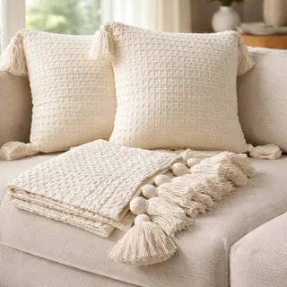 Kit Peseira Casal Quen Ou King +2 Capas De Almofadas Pompom Cru Off White Peseir