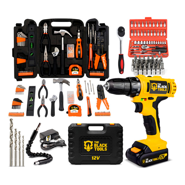 Furadeira Parafusadeira 12v 3/8 Com Kit 175 Peças E Maleta Amarelo