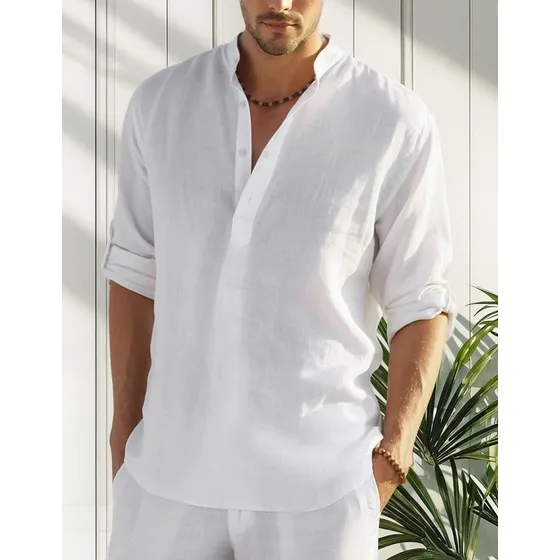 Camisa Hombre Camisa Algodón Lino Manga Larga Stand-up Colla