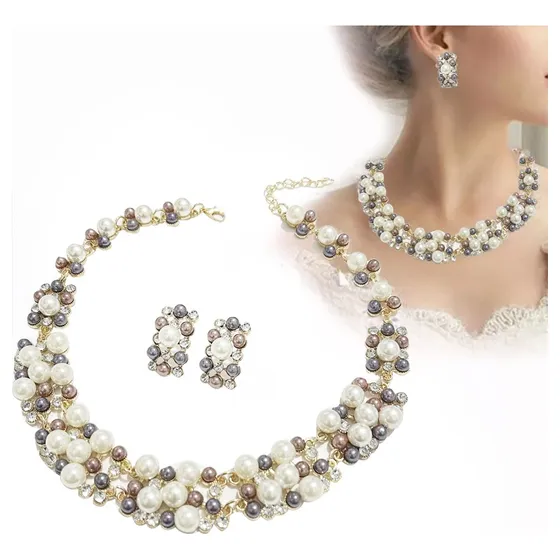 Collar Y Aretes Mujeres Novia Moda Conjunto De Joyas Perlas
