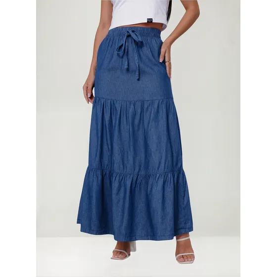 Saia Jeans Midi 3 Marias Longa Cinto