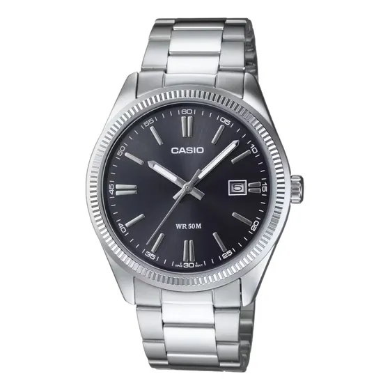 Reloj Casio Vintage Para Hombre Mtp-1302d Correa Plateado Bisel Plateado Fondo Negro