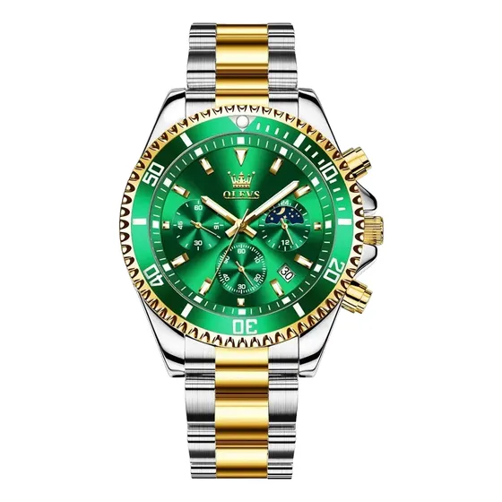 Reloj Cronógrafo Deportivo De Lujo Para Hombre Acero Inoxida Plateado Verde Verde