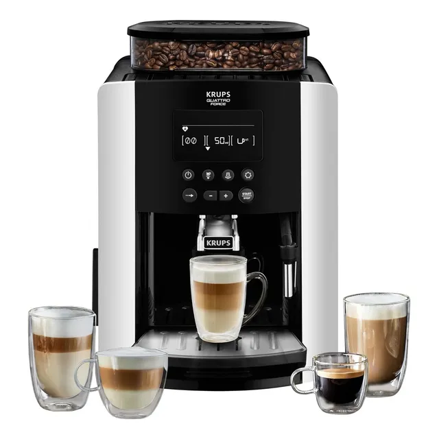 Cafetera Máquina de Espresso Arábica KRUPS, con espumador, tanque de agua de gran capacidad, molino integrado, boquilla de vapor para espumar leche y limpieza automática EA8178MX