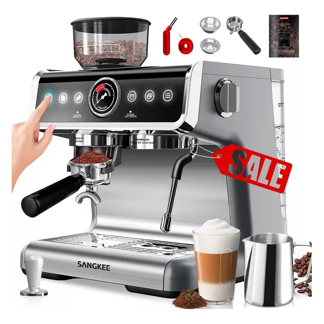 Sangkee Cafetera Espresso Con Espumador De Leche Y Molino De Café, Filtros Portafiltro Estándar, Kit Barista Completo Para Espresso Y Capuchino Latte, Depósito De Agua Extraíble De 2.8l, 20 Bar, 1500w