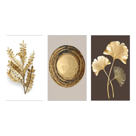 Cuadro Decorativo Tríptico Figuras Hojas Doradas Moderno