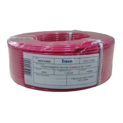 Cable Thhn 10awg 90° 600v Cobre 7hilos Rojo 100mts Troen