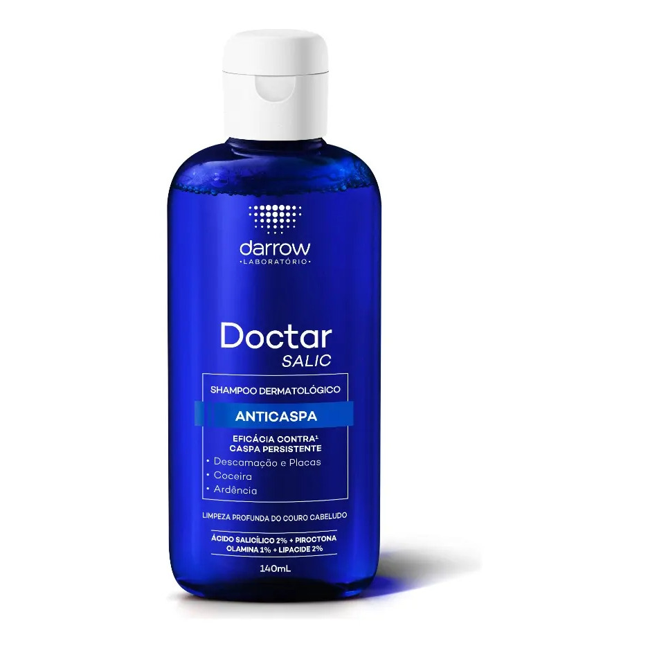 Frasco de shampoo Darrow Doctar Salic de 140ml, na cor azul, com tampa branca e rótulo detalhando a fórmula anticaspa.