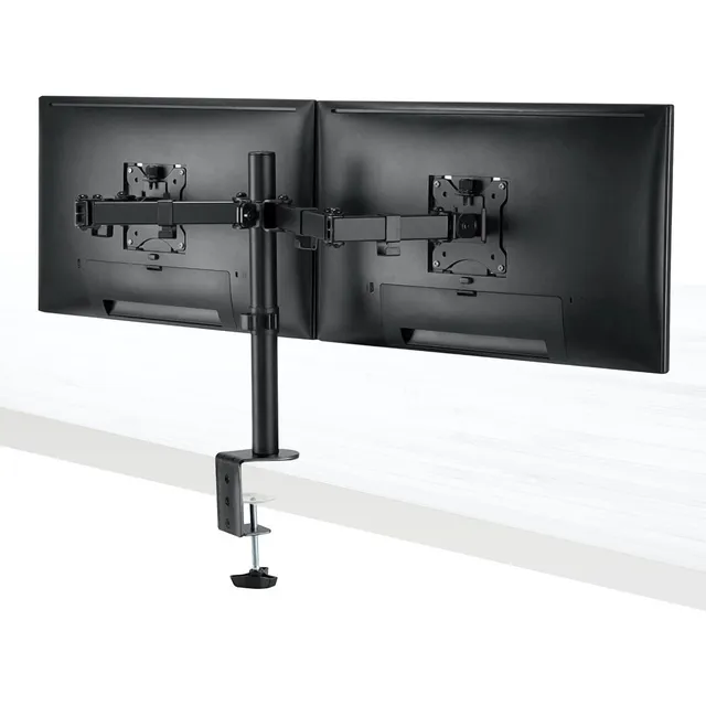 Soporte para 2 Monitores de 13” a 32” Pulgadas, Base Ajustable para Escritorios de 1 a 9 cm de Grosor, Resiste Hasta 8 kg por Lado, Rotación 360°, Fácil de Colocar, Incluye Kit de Instalación